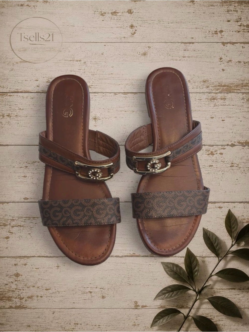 Guess / GBG Los Angeles Brown Monogram Slide Sandals - Size 8
